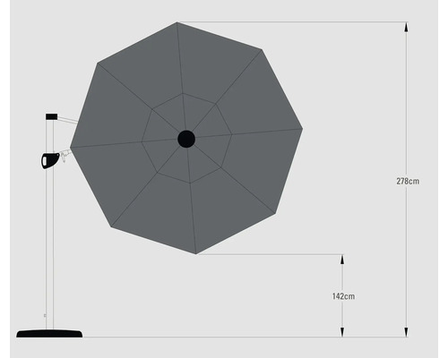 Illustratie van een zweefparasol met afmetingen