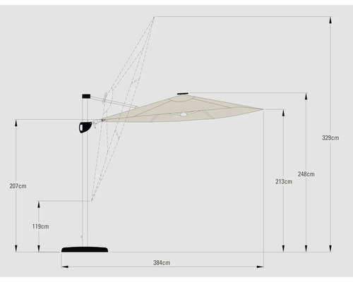 Technische tekening van een parasol met hoogte- en breedtegegevens in centimeters