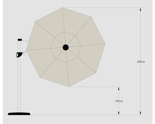 Afbeelding van een parasol met de afmetingen 278 cm hoog en 142 cm diep.