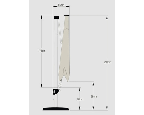Technische tekening van een parasol met afmetingen.