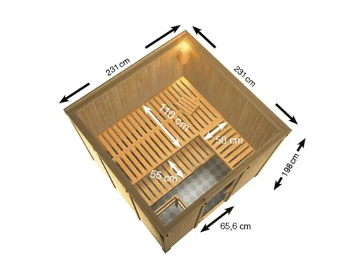Interieur van een sauna met afmetingen