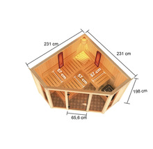 Afmetingen van een houten sauna met kachel, banken en glazen deur.