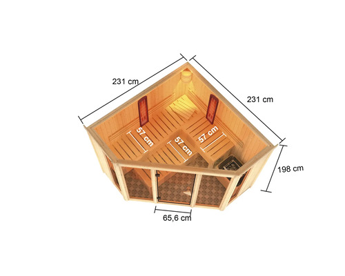 Afmetingen van een houten sauna met kachel, banken en glazen deur.