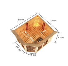 Afmetingen van een houten sauna met infraroodstralers en een saunaoven