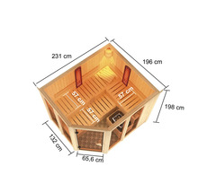 Bovenaanzicht van een houten sauna met maatvoering