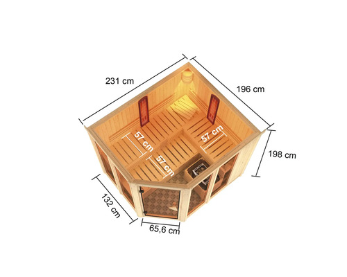 Bovenaanzicht van een houten sauna met maatvoering