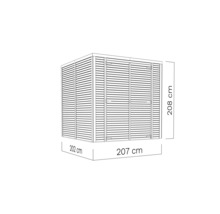 Illustratie van een tuinhuis met de afmetingen 208 cm hoogte, 202 cm breedte en 207 cm diepte