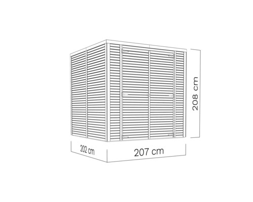 Illustratie van een tuinhuis met de afmetingen 208 cm hoogte, 202 cm breedte en 207 cm diepte