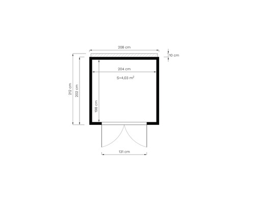 Plattegrondtekening met afmetingen: 208 cm breed, 212 cm hoog, oppervlakte 4,03 vierkante meter