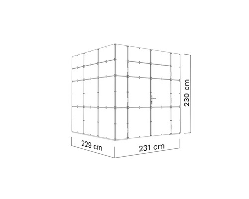 Technische tekening van een cabine met afmetingen: 229 centimeter, 231 centimeter en 230 centimeter.