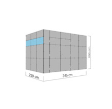 Aanzicht van een bouwpakket met een breedte van 345 centimeter, een lengte van 229 centimeter en een hoogte van 230 centimeter