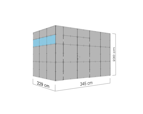 Aanzicht van een bouwpakket met een breedte van 345 centimeter, een lengte van 229 centimeter en een hoogte van 230 centimeter