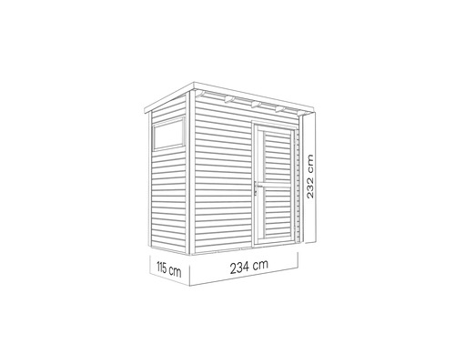 Illustratie van een tuinhuis met raam en deur en de afmetingen 115 cm x 234 cm x 232 cm.