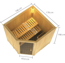 Afmetingen van een hoeksauna met houten banken en glazen deur
