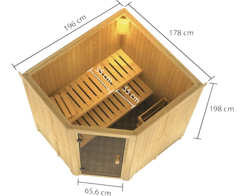 Afmetingen van een hoeksauna met houten banken en glazen deur