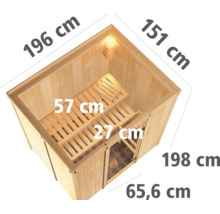 Interieur van een sauna met afmetingen: 196 cm lengte, 151 cm breedte, 198 cm hoogte, 65,6 cm diepte, 57 cm breedte bovenste bank, 27 cm breedte onderste bank.