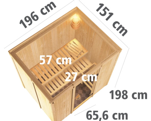 Interieur van een sauna met afmetingen: 196 cm lengte, 151 cm breedte, 198 cm hoogte, 65,6 cm diepte, 57 cm breedte bovenste bank, 27 cm breedte onderste bank.