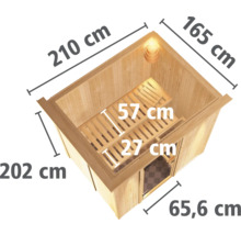 Afmetingen van de houten sauna met banken en verlichting