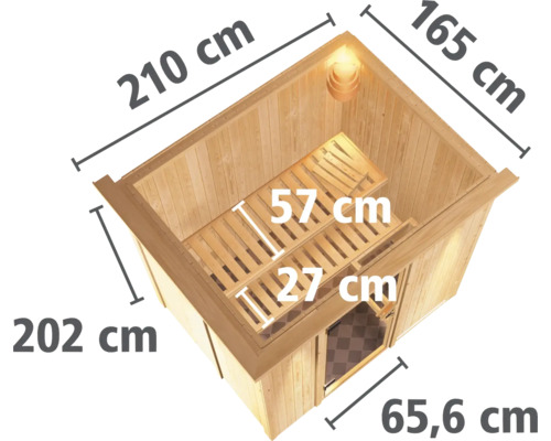 Afmetingen van de houten sauna met banken en verlichting