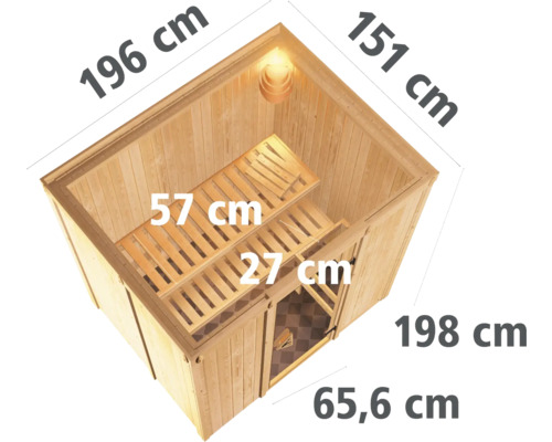 Illustratie van een sauna met afmetingen.