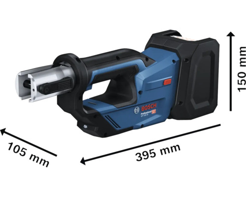 Bosch Professional accudiepboormachine met de afmetingen 395 mm x 105 mm x 150 mm.