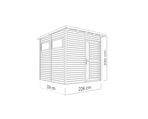 Illustratie van een tuinhuis met afmetingen 234 cm x 226 cm x 232 cm
