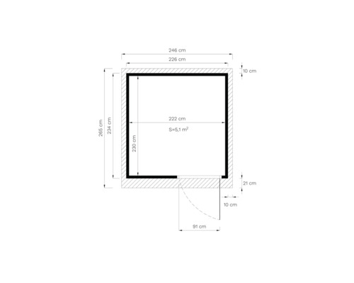 Technische tekening met afmetingen van een tuinhuis