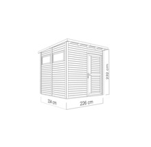 Illustratie van een tuinhuis met deur en ramen en de afmetingen 234 bij 226 bij 232 centimeter