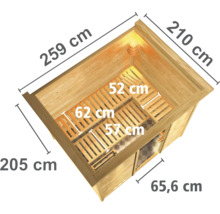 Afmetingen van een houten sauna: 259 cm breed, 205 cm hoog, 210 cm diep
