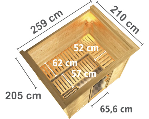 Afmetingen van een houten sauna: 259 cm breed, 205 cm hoog, 210 cm diep