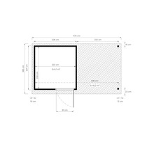Plattegrondtekening van een tuinhuis met afmetingen