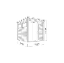 Illustratie van een tuinhuis met de afmetingen 234 bij 226 bij 232 centimeter.