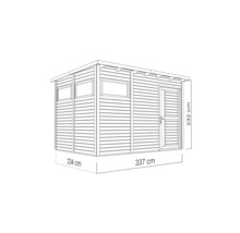 Illustratie van een tuinhuis met deur, twee ramen en afmetingen van 234 bij 337 bij 232 centimeter.