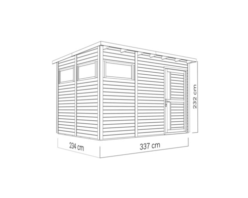 Illustratie van een tuinhuis met deur, twee ramen en afmetingen van 234 bij 337 bij 232 centimeter.