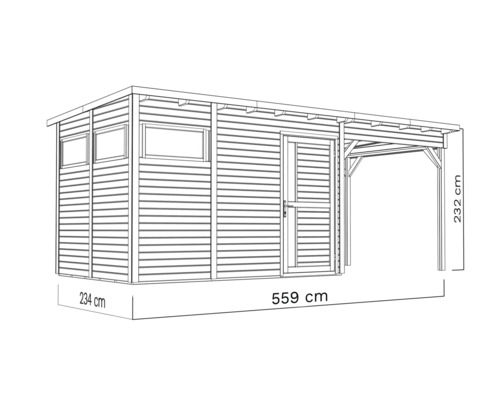 Illustratie van een tuinhuis met overkapping, afmetingen 234 x 559 x 232 centimeter.