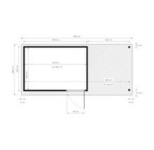 Technische tekening van een tuinhuis met maatvoering.