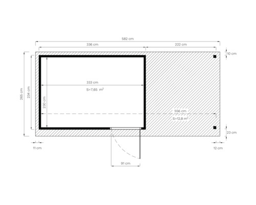 Technische tekening van een tuinhuis met maatvoering.
