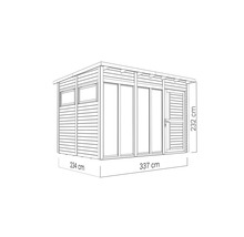Illustratie van een tuinhuis met de afmetingen 234 cm bij 337 cm en een hoogte van 232 cm