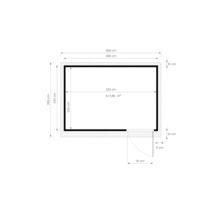 Plattegrond van een kamer met afmetingen in centimeters