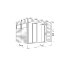 Illustratie van een tuinhuis met afmetingen van 234 centimeter bij 337 centimeter bij 232 centimeter.