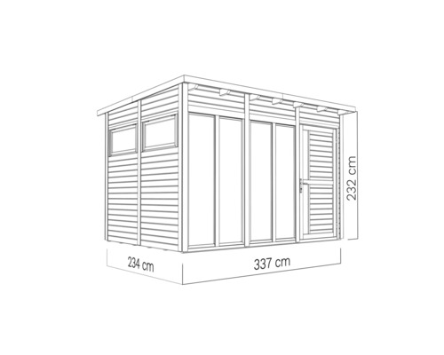 Illustratie van een tuinhuis met afmetingen van 234 centimeter bij 337 centimeter bij 232 centimeter.