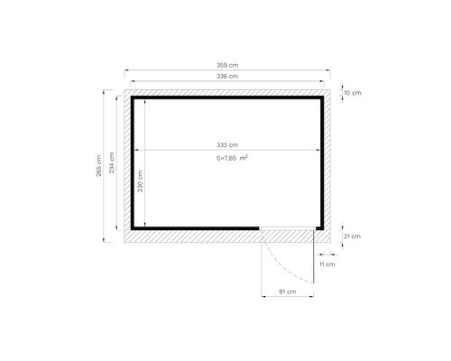 Plattegrond van een kamer met afmetingen in centimeters en vierkante meters