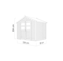 Afbeelding van een tuinhuis met afmetingen van 224 cm hoog, 239 cm breed en 181 cm diep.