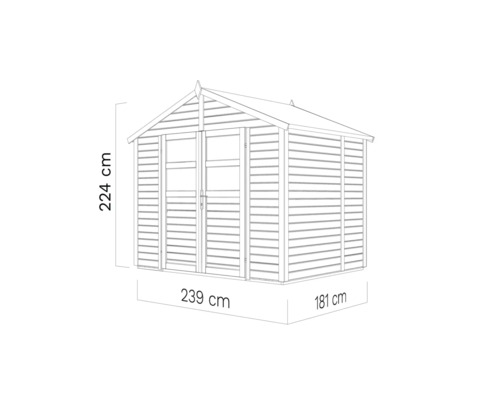 Afbeelding van een tuinhuis met afmetingen van 224 cm hoog, 239 cm breed en 181 cm diep.