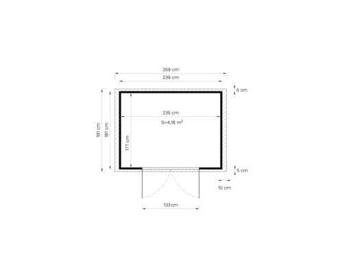 Plattegrondtekening met de afmetingen 259 bij 191 centimeter