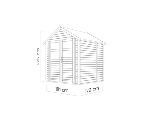 Afbeelding van een tuinhuis met de afmetingen 225 cm hoog, 181 cm breed en 176 cm diep.