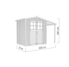 Illustratie van een tuinhuis met de afmetingen 325 bij 157 bij 231 centimeter