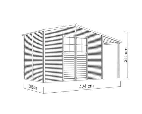Afbeelding van een tuinhuis met de afmetingen 424 x 202 x 241 cm