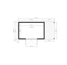 Plattegrondtekening van een tuinhuis met afmetingen in centimeters en vierkante meters
