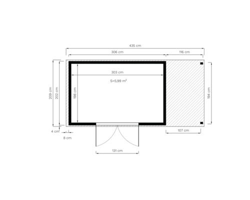 Plattegrondtekening van een tuinhuis met afmetingen in centimeters en vierkante meters